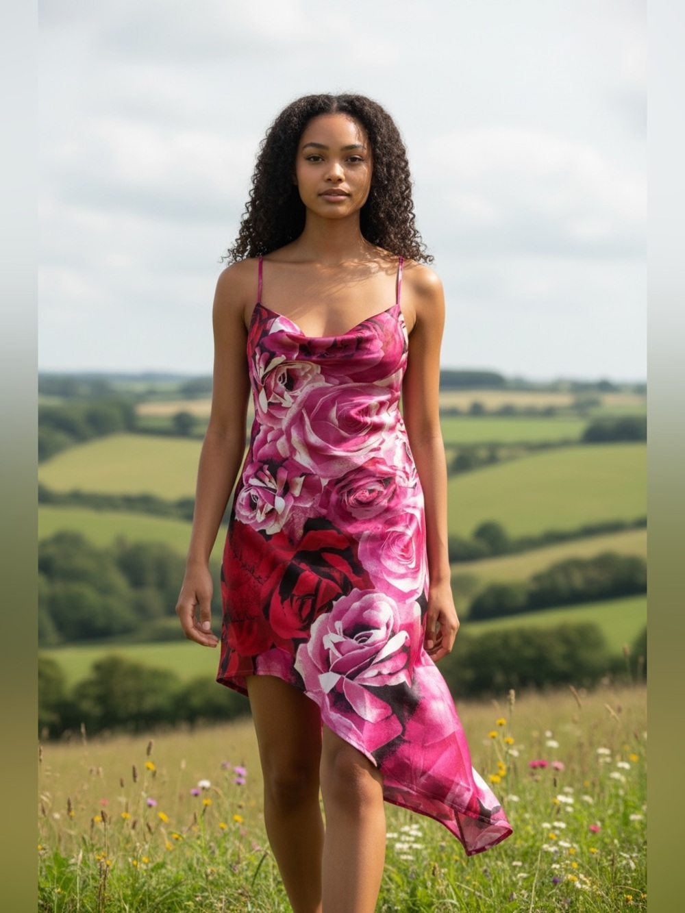 Forever 21 Vibrant Pink Rose Print-cowl Neck-Asymetric Hemline-Size Medium-NWT